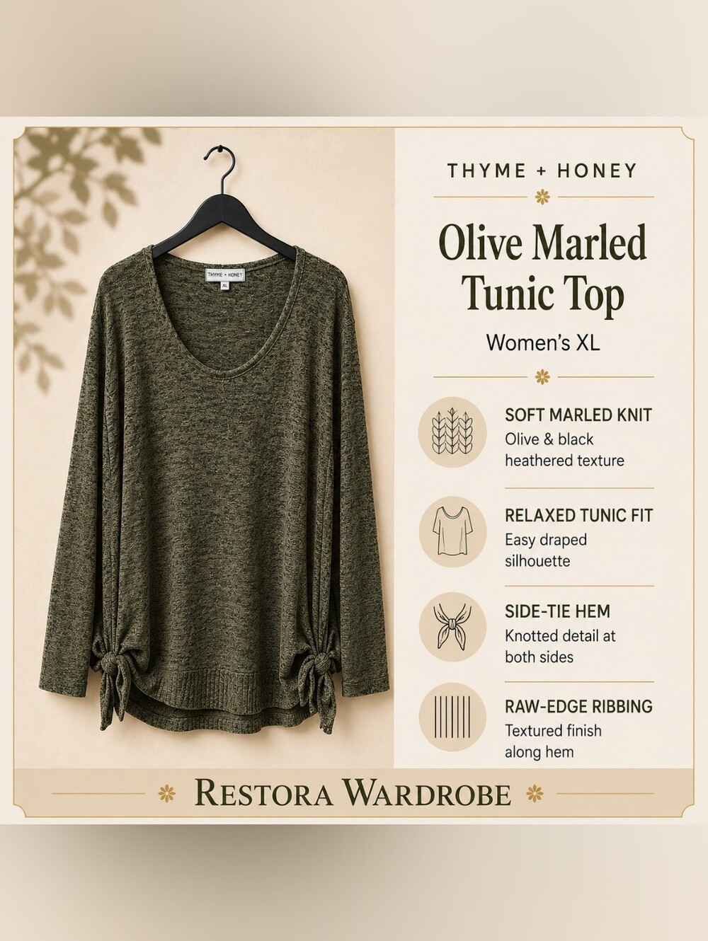 Thyme + Honey Dark Academia Olive Marled Side Tie Tunic Sweater XL